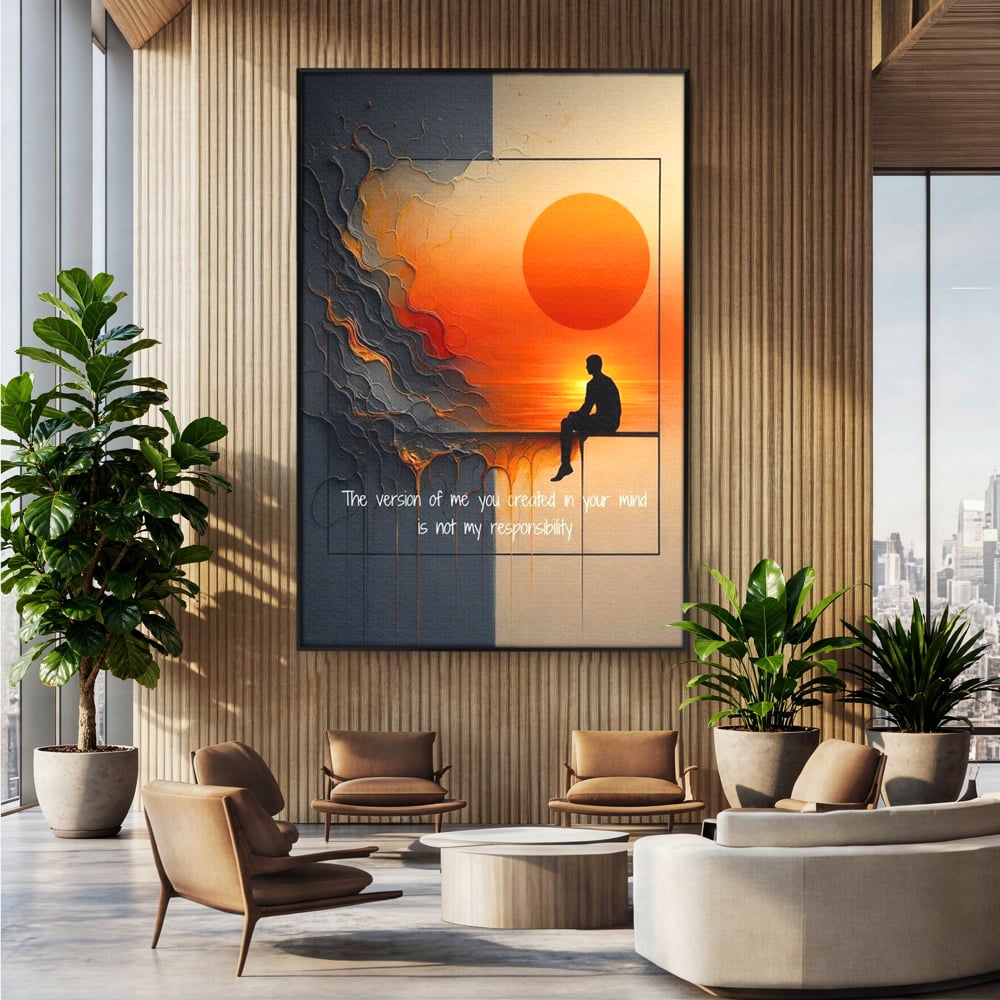 Tablou canvas cu tablou canvas cu silueta pe fundal de apus, in rama de aluminiu negru, pe perete intr-un birou